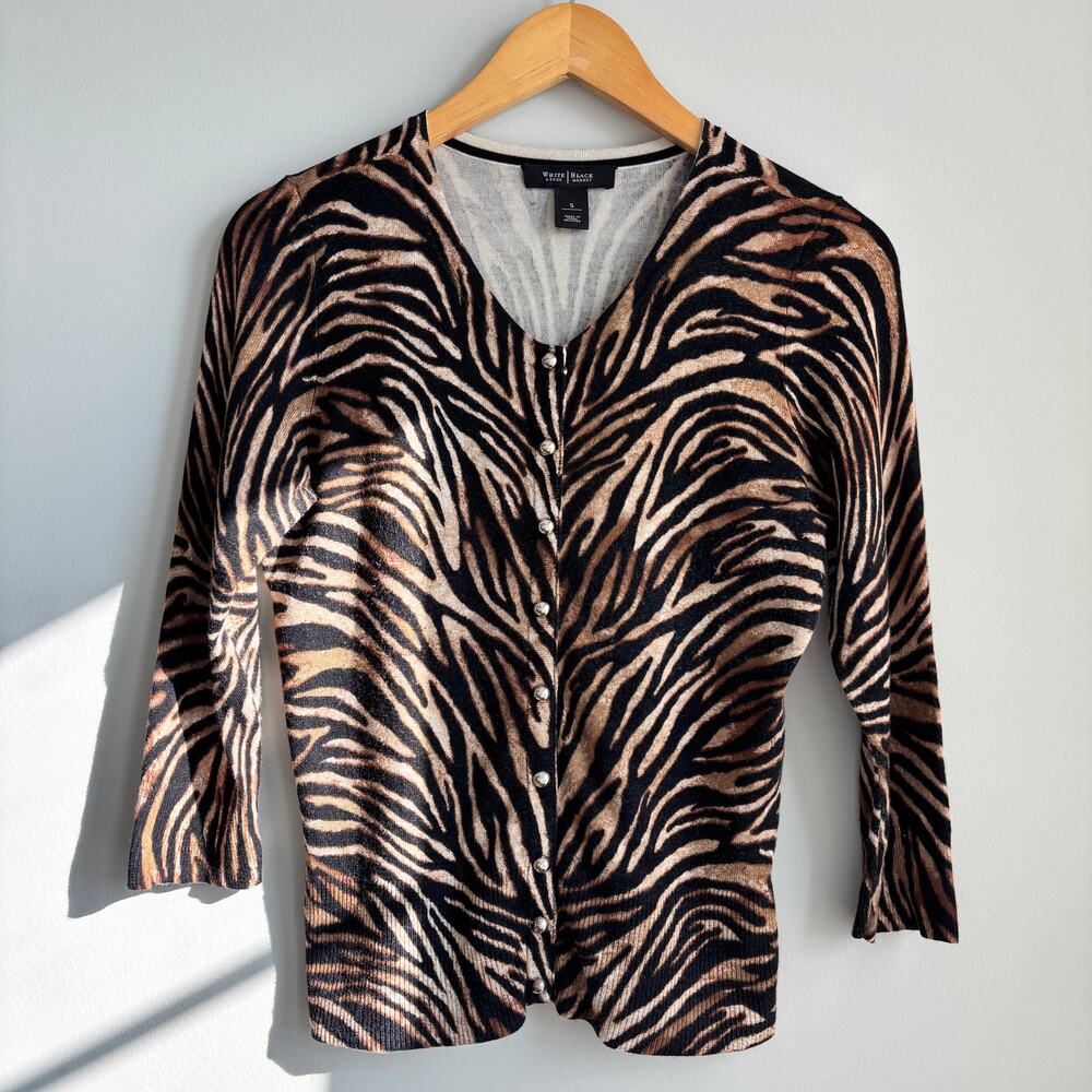 White House Black Market Tiger Animal Print Cardigan Sweater 3/4 Sleeves Small